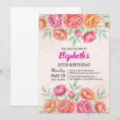 Watercolor Pink Peony Floral Birthday 招待状 (正面/裏面)