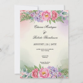 Watercolor Pink Peony Purple Hydrangea Wedding 招待状
