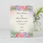 Watercolor Pink Peony Purple Hydrangea Wedding 招待状 (スタンド正面)