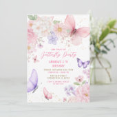 Watercolor Pink Purple Butterflies 5th Birthday 招待状 (スタンド正面)