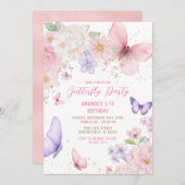 Watercolor Pink Purple Butterflies 5th Birthday 招待状 (正面/裏面)