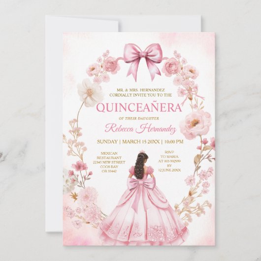 Watercolor Pink Ribbon Bows Quinceañera Invitation 招待状 (正面)