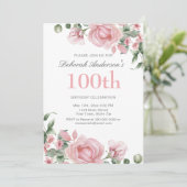 Watercolor PInk Rose 100th Birthday Party  招待状 (スタンド正面)