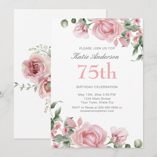 Watercolor PInk Rose 75th Birthday Party  招待状 (正面/裏面)