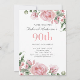 Watercolor PInk Rose 90th Birthday Party 招待状