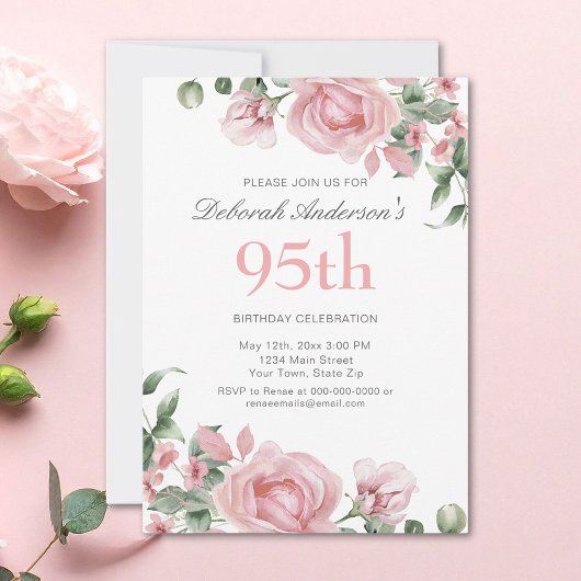 Watercolor PInk Rose 95th Birthday Party  招待状