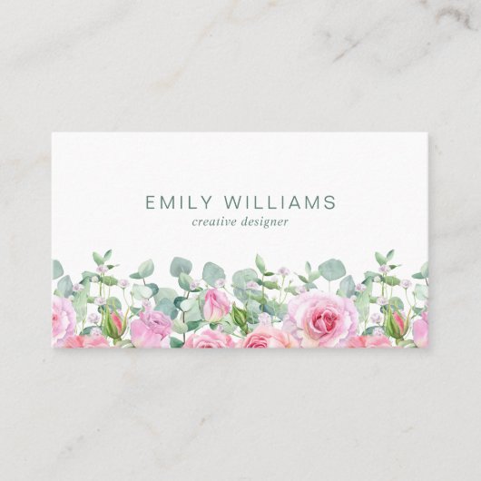 Watercolor Pink Rose Flowers Business Card 名刺 (正面)