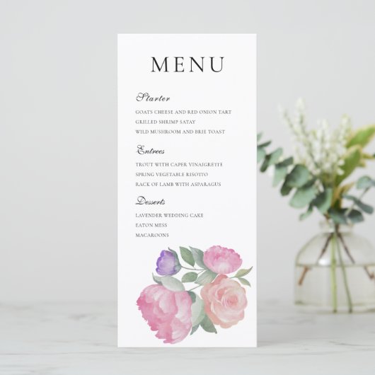  Watercolor Pink Rose & Peonie Wedding Menu メニュー (スタンド正面)
