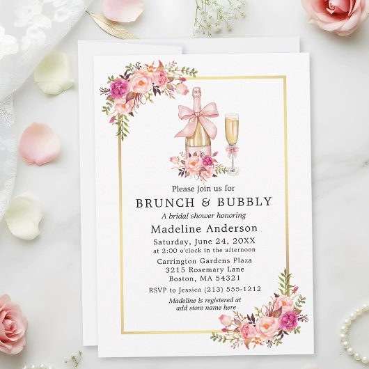 Watercolor Pink Roses Bow Bridal Shower Brunch 招待状