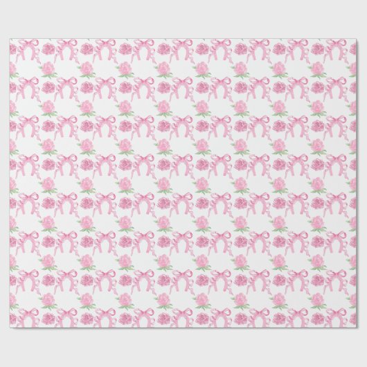 Watercolor Pink Roses & Bows ラッピングペーパー (フラット)