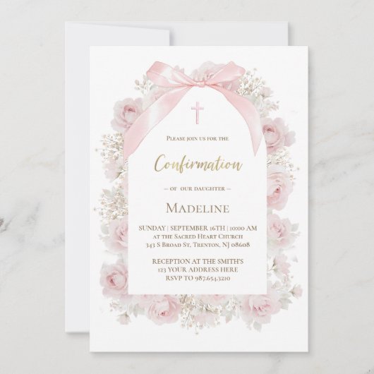 watercolor pink roses Confirmation 招待状 (正面)
