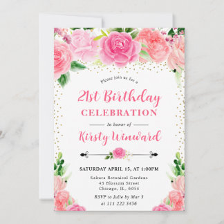 Watercolor Pink Roses Flowers 21st birthday 招待状