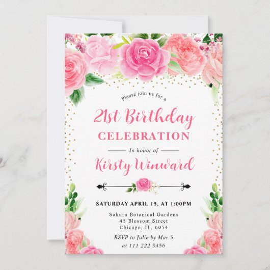 Watercolor Pink Roses Flowers 21st birthday 招待状 (正面)