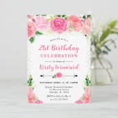 Watercolor Pink Roses Flowers 21st birthday 招待状 (スタンド正面)