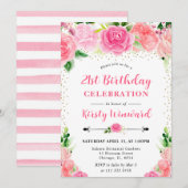 Watercolor Pink Roses Flowers 21st birthday 招待状 (正面/裏面)