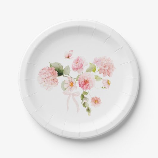 Watercolor Pink Roses Hydrangea Funeral  ペーパープレート (正面)