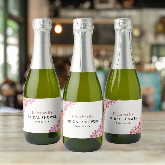 Watercolor Pink Sakura Flowers, Bridal Shower スパークリングワインラベル