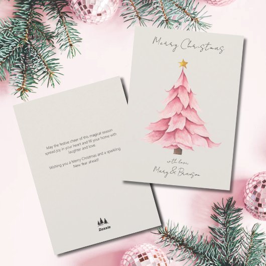Watercolor Pink Script Non Photo Christmas Tree シーズンカード