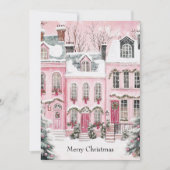 Watercolor Pink Script Village Non Photo Christmas シーズンカード (正面)