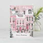 Watercolor Pink Script Village Non Photo Christmas シーズンカード (スタンド正面)