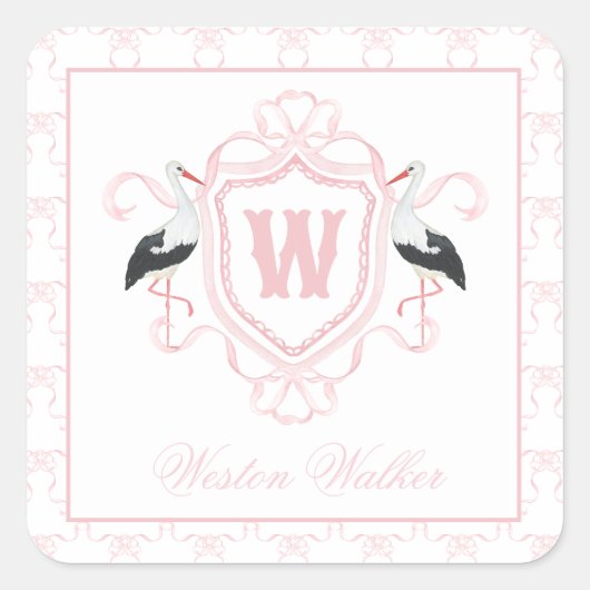 Watercolor Pink Stork Bow Monogram Crest スクエアシール (正面)
