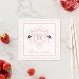 Watercolor Pink Stork Bow Monogram Crest スタンダードカクテルナプキン