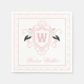 Watercolor Pink Stork Bow Monogram Crest スタンダードカクテルナプキン (正面)