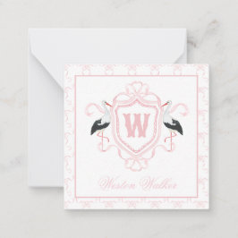 Watercolor Pink Stork Bow Monogram Crest ノートカード