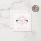 Watercolor Pink Stork Bow Monogram Crest ノートカード (正面/裏面インサイチュ)