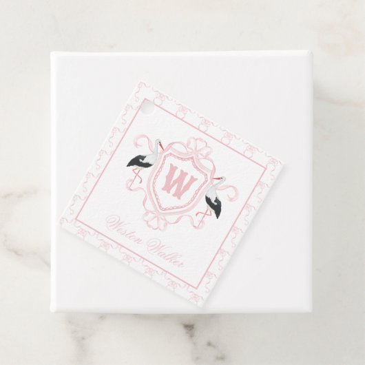 Watercolor Pink Stork Bow Monogram Crest フェイバータグ (インサイチュ)