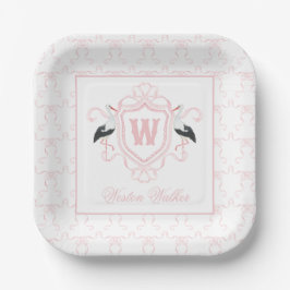 Watercolor Pink Stork Bow Monogram Crest ペーパープレート