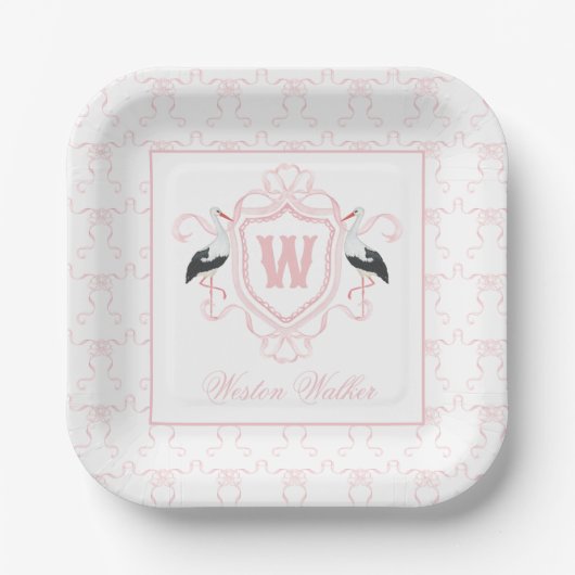Watercolor Pink Stork Bow Monogram Crest ペーパープレート (正面)