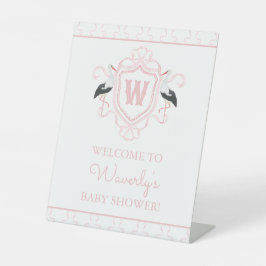 Watercolor Pink Stork Bow Monogram Crest 台座サイン