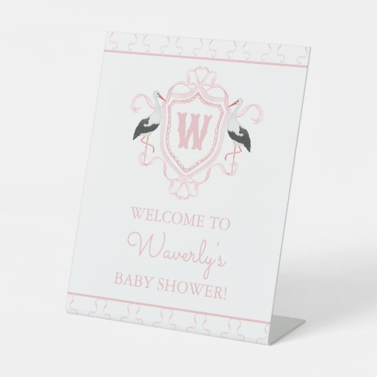 Watercolor Pink Stork Bow Monogram Crest 台座サイン (正面)