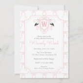 Watercolor Pink Stork Monogram Crest Baby Shower 招待状 (正面)