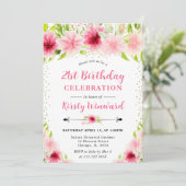 Watercolor Pink Summer Flowers 21st Birthday 招待状 (スタンド正面)