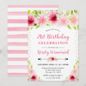 Watercolor Pink Summer Flowers 21st Birthday 招待状 (正面/裏面)