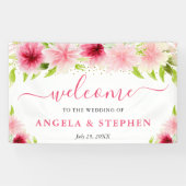 Watercolor Pink Summer Flowers Wedding Welcome 横断幕 (横)