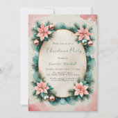 Watercolor Pink Teal Poinsettia Wreath Christmas 招待状 (正面)