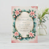 Watercolor Pink Teal Poinsettia Wreath Christmas 招待状 (スタンド正面)