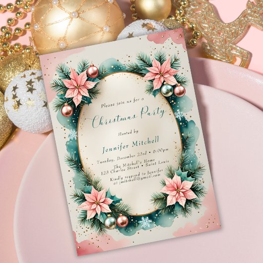 Watercolor Pink Teal Poinsettia Wreath Christmas 招待状