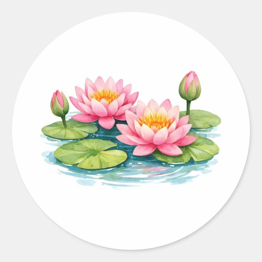 Watercolor Pink Water Lilies and Lily Pads  ラウンドシール (正面)
