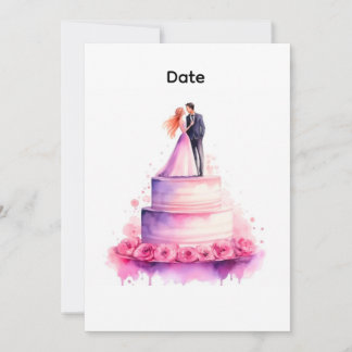 Watercolor Pink Wedding Cake Couple Invitation 招待状