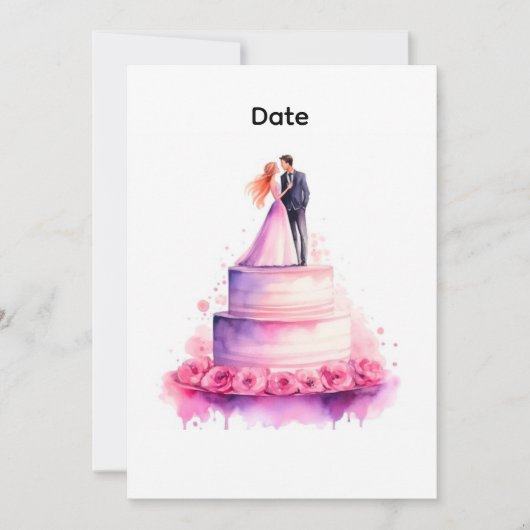 Watercolor Pink Wedding Cake Couple Invitation 招待状 (正面)