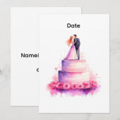 Watercolor Pink Wedding Cake Couple Invitation 招待状 (正面/裏面)