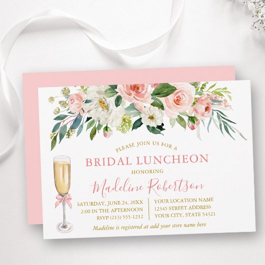 Watercolor Pink White Floral Bridal Lunch Gold 招待状