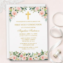 Watercolor Pink White Floral Communion Gold 招待状