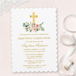 Watercolor Pink White Floral Gold Cross Communion 招待状
