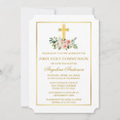 Watercolor Pink White Floral Gold Frame Communion 招待状 (正面)