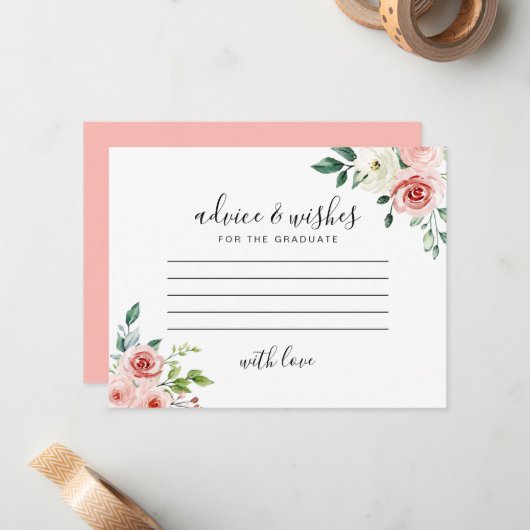 Watercolor Pink & White Floral Graduation Advice  ノートカード (正面/裏面インサイチュ)